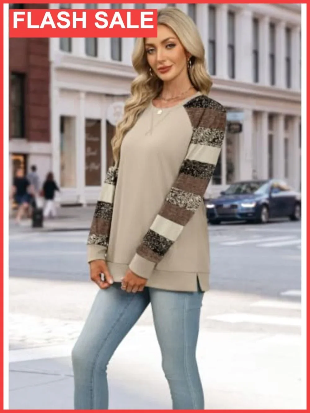 Oversized Color Block Sweatshirt Crewneck Long Sleeve Side Slit Pullover
